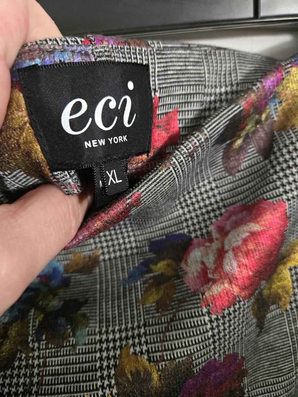 ECI Gray Plaid Pencil Skirt with Pink & Yellow Floral Print
